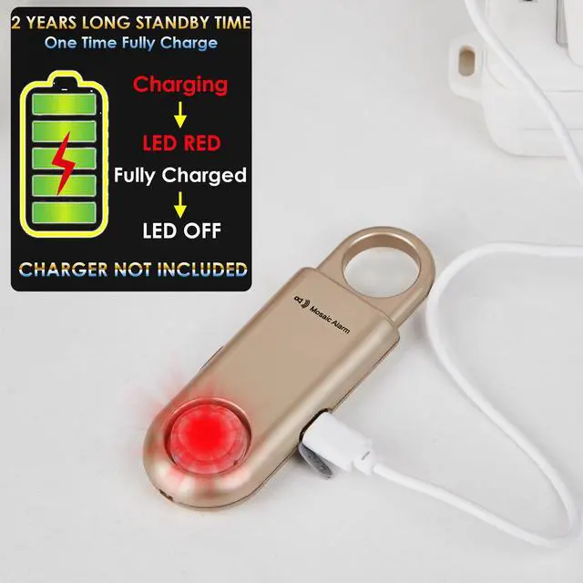 Alt view image 5 of 7 - 135dB Rechargeable Personal Safety Alarm Strobe Light Flashlight Keychain Siren for Women, Girls, College, School Students Emergency SOS Alerts Loud Sound Hiking Alarm Torchlight Bear Deterrent. Gold