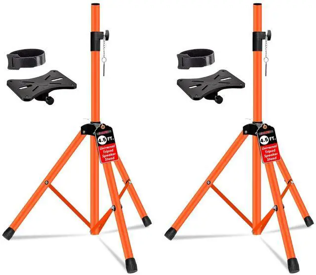 Main image of Speaker Stands Pair Adjustable 54 Inch Tripod Set Heavy Duty 132 lbs Capacity 35mm Pole Mount Metal Build DJ PA Stand for On Stage Studio Home Audio Uses Orange