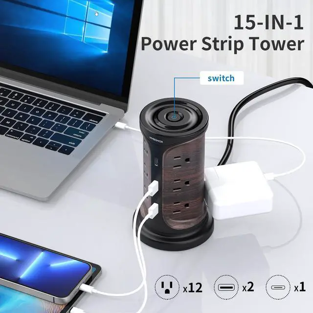 Alt view image 2 of 7 - Surge Protector Tower Power Strip, 6.5 Ft Extension Cord with Multiple Outlets with Surge Protection, Screw Wall Mount Outlet with 12 Ac Outlets with 3 USB Ports(1 USB C), Overload Protect for Office