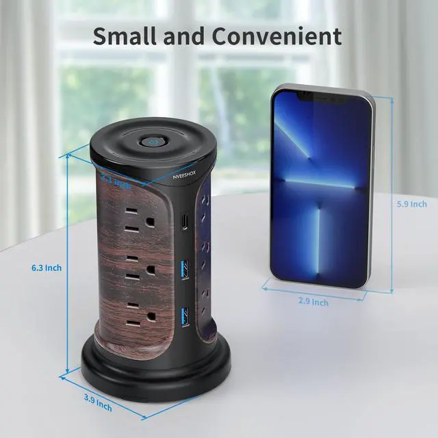 Alt view image 3 of 7 - Surge Protector Tower Power Strip, 6.5 Ft Extension Cord with Multiple Outlets with Surge Protection, Screw Wall Mount Outlet with 12 Ac Outlets with 3 USB Ports(1 USB C), Overload Protect for Office