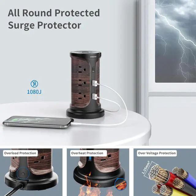 Alt view image 4 of 7 - Surge Protector Tower Power Strip, 6.5 Ft Extension Cord with Multiple Outlets with Surge Protection, Screw Wall Mount Outlet with 12 Ac Outlets with 3 USB Ports(1 USB C), Overload Protect for Office