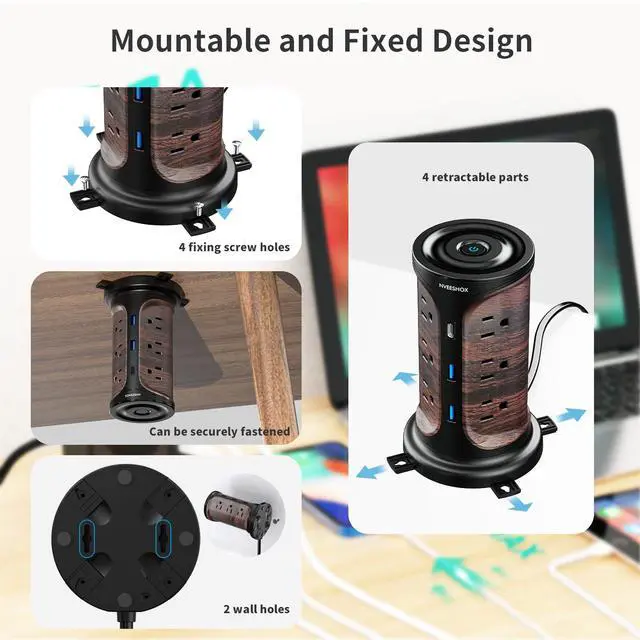 Alt view image 5 of 7 - Surge Protector Tower Power Strip, 6.5 Ft Extension Cord with Multiple Outlets with Surge Protection, Screw Wall Mount Outlet with 12 Ac Outlets with 3 USB Ports(1 USB C), Overload Protect for Office