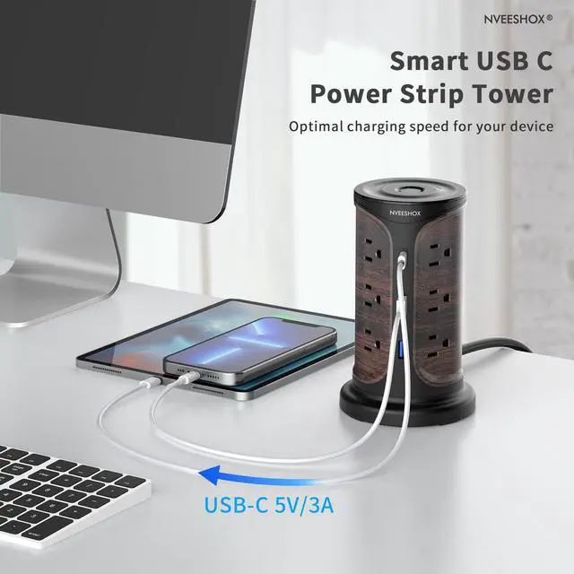 Alt view image 6 of 7 - Surge Protector Tower Power Strip, 6.5 Ft Extension Cord with Multiple Outlets with Surge Protection, Screw Wall Mount Outlet with 12 Ac Outlets with 3 USB Ports(1 USB C), Overload Protect for Office