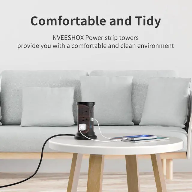 Alt view image 7 of 7 - Surge Protector Tower Power Strip, 6.5 Ft Extension Cord with Multiple Outlets with Surge Protection, Screw Wall Mount Outlet with 12 Ac Outlets with 3 USB Ports(1 USB C), Overload Protect for Office