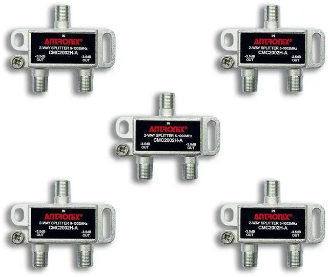Main image of CMC2002H 2-Way- (5) Pack - Horizontal Splitter (2) -3.5db Ports 5-1002 MHz High Performance Profession Quality for Coax Cable TV & Internet Factory Sealed with Screws