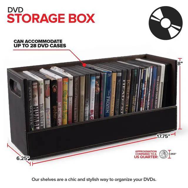 Alt view image 2 of 7 - DVD Storage Box, Movie Shelf Organizer for Blu-Ray, Video Game Cases, CDs, VHS Tape Display Stand, Disc Holder Can Store Up to 28 DVDs, Faux Leather (Espresso) 2 Pack