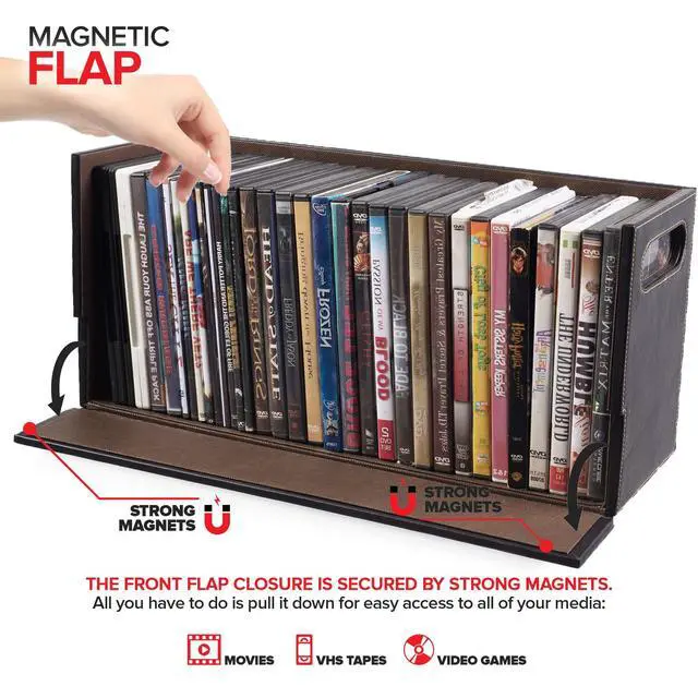 Alt view image 3 of 7 - DVD Storage Box, Movie Shelf Organizer for Blu-Ray, Video Game Cases, CDs, VHS Tape Display Stand, Disc Holder Can Store Up to 28 DVDs, Faux Leather (Espresso) 2 Pack