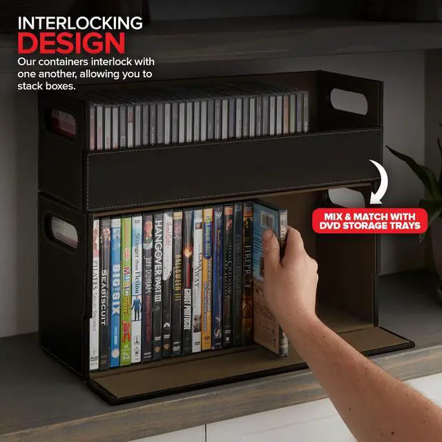 Alt view image 5 of 7 - DVD Storage Box, Movie Shelf Organizer for Blu-Ray, Video Game Cases, CDs, VHS Tape Display Stand, Disc Holder Can Store Up to 28 DVDs, Faux Leather (Espresso) 2 Pack