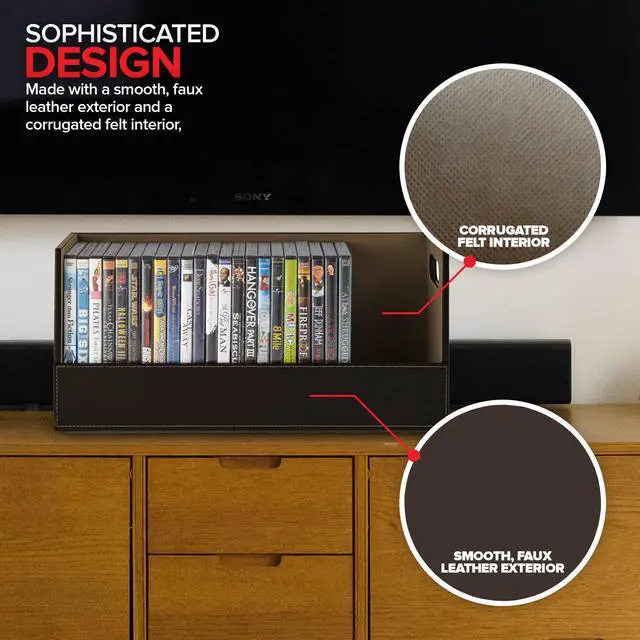 Alt view image 6 of 7 - DVD Storage Box, Movie Shelf Organizer for Blu-Ray, Video Game Cases, CDs, VHS Tape Display Stand, Disc Holder Can Store Up to 28 DVDs, Faux Leather (Espresso) 2 Pack