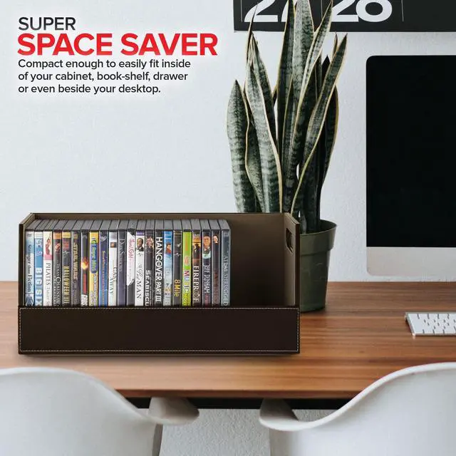 Alt view image 7 of 7 - DVD Storage Box, Movie Shelf Organizer for Blu-Ray, Video Game Cases, CDs, VHS Tape Display Stand, Disc Holder Can Store Up to 28 DVDs, Faux Leather (Espresso) 2 Pack