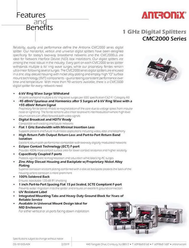 Alt view image 3 of 5 - CMC2002H 2-Way- (5) Pack - Horizontal Splitter (2) -3.5db Ports 5-1002 MHz High Performance Profession Quality for Coax Cable TV & Internet Factory Sealed with Screws