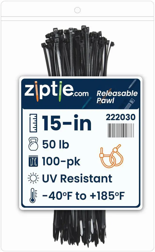 Main image of 15-Inch Black Releasable Pawl Zip Ties - 50-lb Tensile Strength Cord Management - UL Listed Reusable Cable Ties - UL 21 Listed, UV Resistant, Indoor & Outdoor Multi-Purpose (100-Pack)