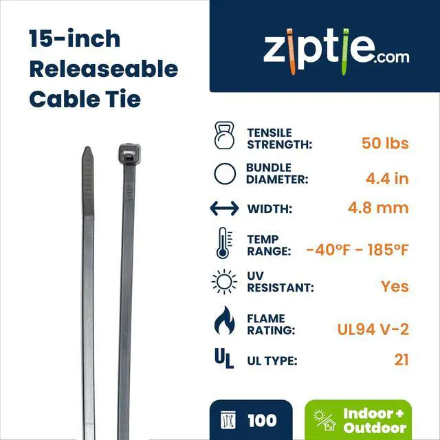 Alt view image 2 of 7 - 15-Inch Black Releasable Pawl Zip Ties - 50-lb Tensile Strength Cord Management - UL Listed Reusable Cable Ties - UL 21 Listed, UV Resistant, Indoor & Outdoor Multi-Purpose (100-Pack)