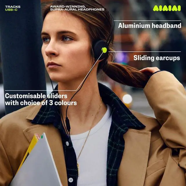 Alt view image 7 of 7 - Tracks Black USB-C Wired On-Ear Headphones with Mic, Tight Bass | Full-Spectrum Sound, 40mm drivers, detailed highs, USB-C, 3-button remote and mic, aluminium band, adjustable 2-color slider