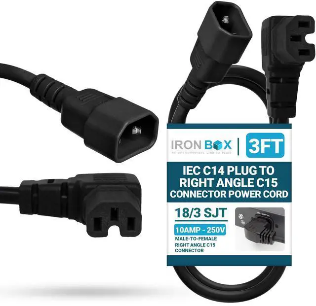 Main image of IronBox Electric IEC C14 Plug to Right Angle C15 Connector Power Cords - 10A, 250V, 18/3 SJT - Heavy Duty Power Supply Extension Cord - UL Listed Power Cable for Computer, PDU, Monitor & More (3 ft)