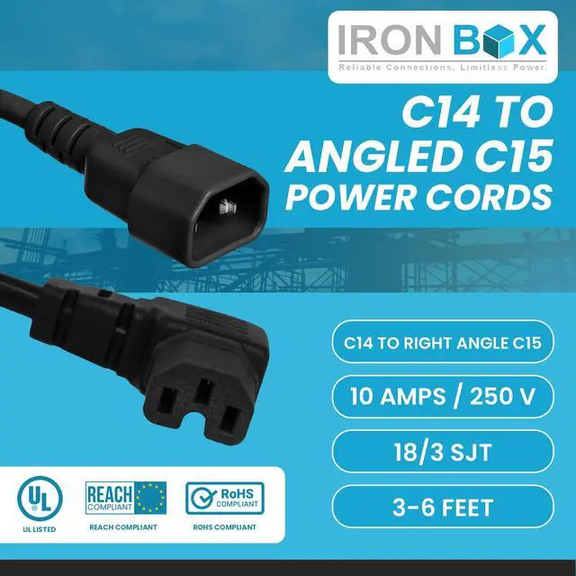 Alt view image 2 of 7 - IronBox Electric IEC C14 Plug to Right Angle C15 Connector Power Cords - 10A, 250V, 18/3 SJT - Heavy Duty Power Supply Extension Cord - UL Listed Power Cable for Computer, PDU, Monitor & More (3 ft)