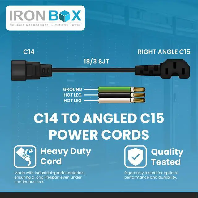 Alt view image 3 of 7 - IronBox Electric IEC C14 Plug to Right Angle C15 Connector Power Cords - 10A, 250V, 18/3 SJT - Heavy Duty Power Supply Extension Cord - UL Listed Power Cable for Computer, PDU, Monitor & More (3 ft)