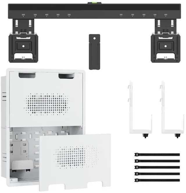 Main image of Ultra Slim TV Mount with 17" Media Box for 43-100" TVs | 0.37in micro gap design, hidden AV cable kit with vented cover, adjustable shelf, and straps
