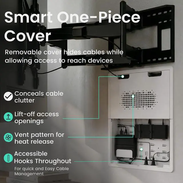 Alt view image 5 of 7 - Ultra Slim TV Mount with 17" Media Box for 43-100" TVs | 0.37in micro gap design, hidden AV cable kit with vented cover, adjustable shelf, and straps