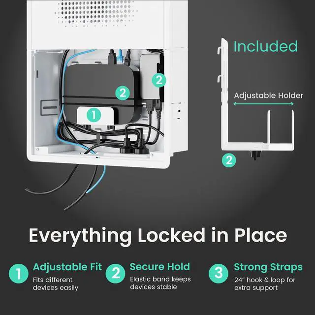 Alt view image 6 of 7 - Ultra Slim TV Mount with 17" Media Box for 43-100" TVs | 0.37in micro gap design, hidden AV cable kit with vented cover, adjustable shelf, and straps