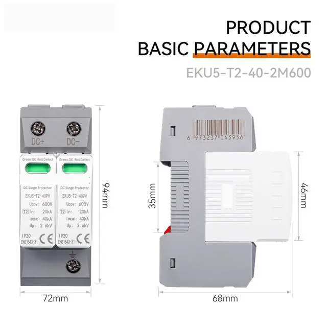 Alt view image 5 of 6 - DC SPD House Surge Protective Device 2P 3P 600V 1000V 1500V Type PV 20-40KA Protector Arrester Low-Voltage Protection EKU5(3P 1500V DC)