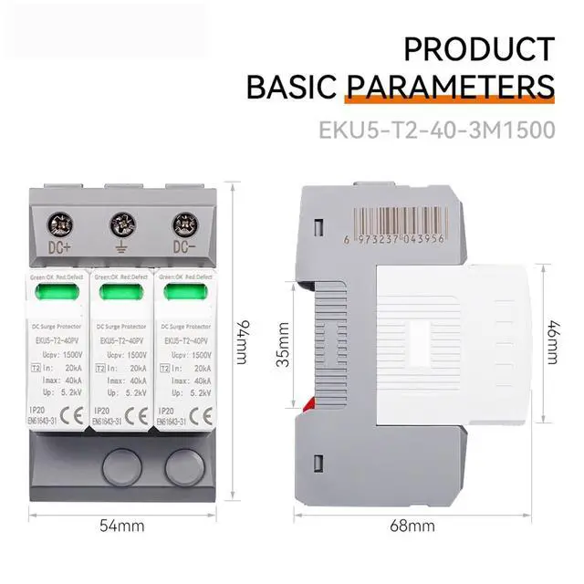 Alt view image 6 of 6 - DC SPD House Surge Protective Device 2P 3P 600V 1000V 1500V Type PV 20-40KA Protector Arrester Low-Voltage Protection EKU5(3P 1500V DC)