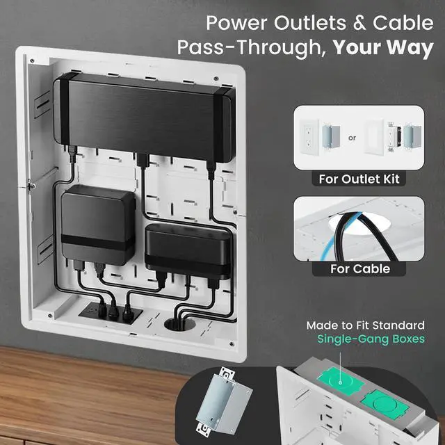 Alt view image 7 of 7 - Ultra Slim TV Mount with 17" Media Box for 43-100" TVs | 0.37in micro gap design, hidden AV cable kit with vented cover, adjustable shelf, and straps
