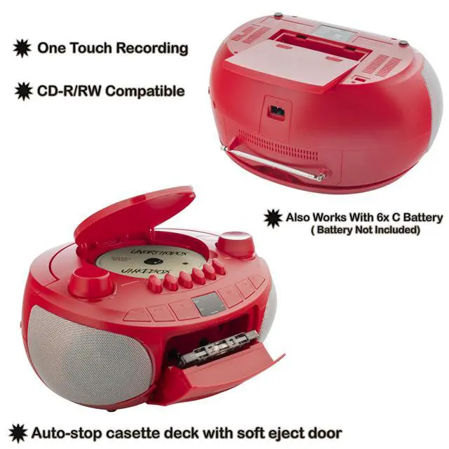 Alt view image 4 of 7 - AM/FM Top Loading Cassette CD Player | Portable Stereo with Programmable Memory | Auxiliary Input, Auto-Stop Deck and LED Display (Red)