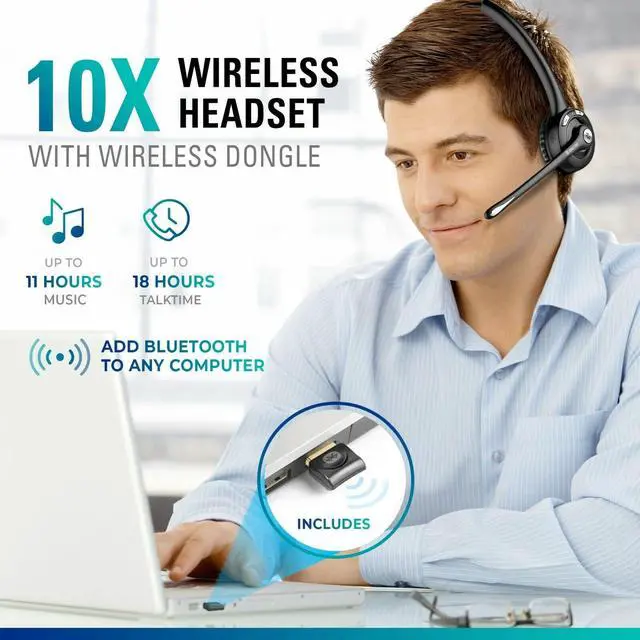 Alt view image 3 of 7 - 10X Trucker Bluetooth Headset, Wireless Headphones w/Microphone | Over The Head Single Earpiece with Mic for Call Centers, Truck Drivers - 18Hrs (with USB Dongle + Holding Hook) (2-Pack)
