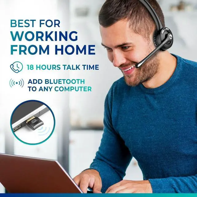Alt view image 2 of 7 - 10X Trucker Bluetooth Headset, Wireless Headphones w/Microphone | Over The Head Single Earpiece with Mic for Call Centers, Truck Drivers - 18Hrs (with USB Dongle + Holding Hook) (2-Pack)