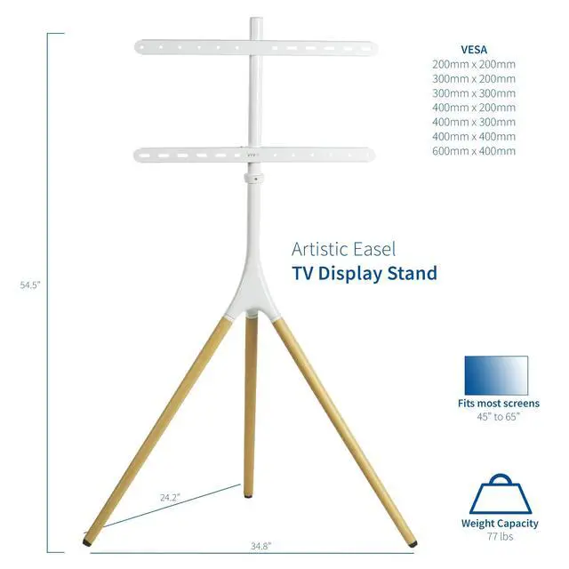 Alt view image 2 of 7 - Light Wood Easel TV Stand for 45 to 65 inch Screens, STAND-TV65AW | Articulating Artistic Studio Display Stand, Adjustable TV Mount with Swivel, Tripod Base, Max VESA 600x400, Holds 77 lbs