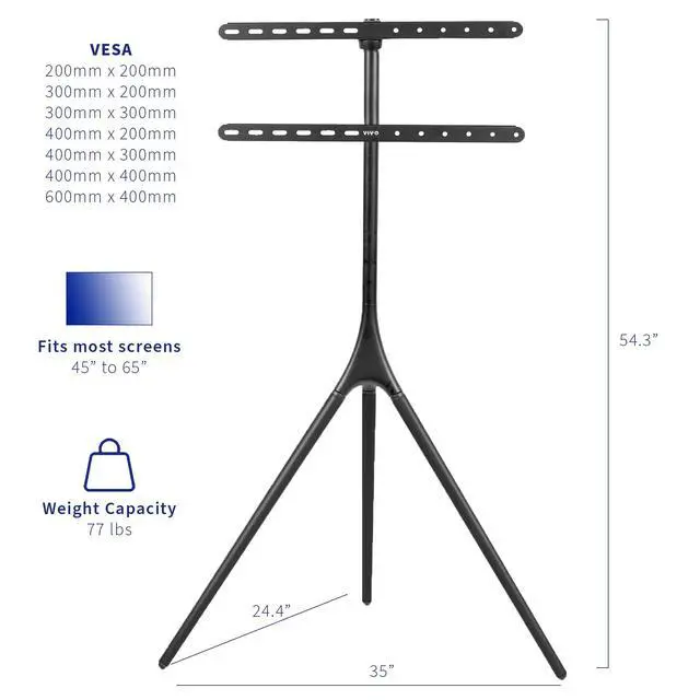 Alt view image 2 of 7 - Black Easel TV Stand for 45 to 65 inch Screens, STAND-TV65AB | Articulating Artistic Studio Display Stand, Adjustable TV Mount with Swivel, Tripod Base, Max VESA 600x400, Holds 77 lbs