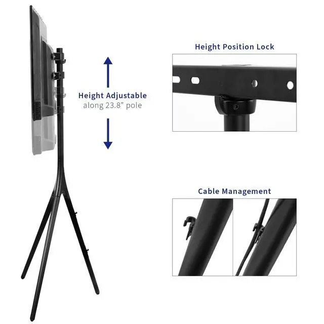 Alt view image 3 of 7 - Black Easel TV Stand for 45 to 65 inch Screens, STAND-TV65AB | Articulating Artistic Studio Display Stand, Adjustable TV Mount with Swivel, Tripod Base, Max VESA 600x400, Holds 77 lbs
