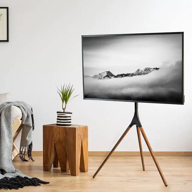 Alt view image 2 of 7 - Dark Walnut Easel TV Stand for 45 to 65 inch Screens, STAND-TV65A | Articulating Artistic Studio Display Stand, Adjustable TV Mount with Swivel, Tripod Base, Max VESA 600x400, Holds 77 lbs