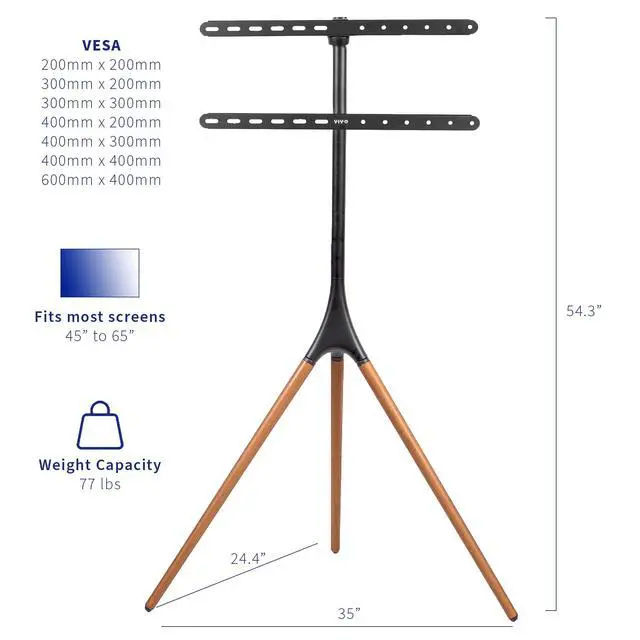 Alt view image 3 of 7 - Dark Walnut Easel TV Stand for 45 to 65 inch Screens, STAND-TV65A | Articulating Artistic Studio Display Stand, Adjustable TV Mount with Swivel, Tripod Base, Max VESA 600x400, Holds 77 lbs