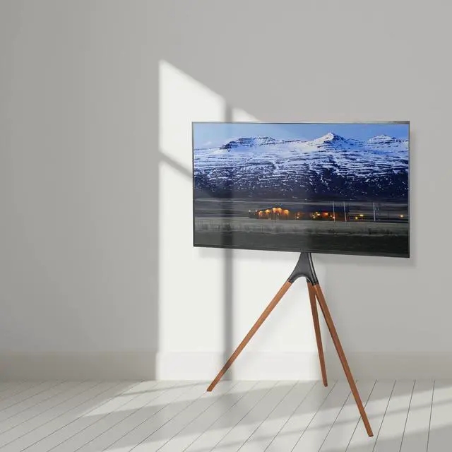 Alt view image 7 of 7 - Dark Walnut Easel TV Stand for 45 to 65 inch Screens, STAND-TV65A | Articulating Artistic Studio Display Stand, Adjustable TV Mount with Swivel, Tripod Base, Max VESA 600x400, Holds 77 lbs