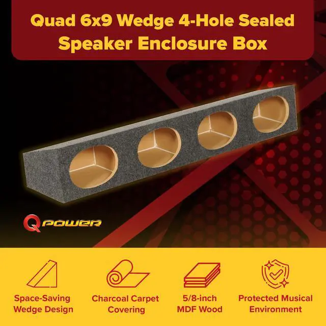 Alt view image 2 of 7 - Quad 6x9 Wedge Speaker Box, 4-Hole Sealed MDF Enclosure with Charcoal Carpet Finish, Universal Fit for Car Audio Installations