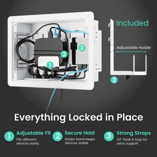 Alt view image 6 of 7 - Ultra Slim TV Mount with 9" Media Box for 32-65" TVs | 0.37in micro gap design, hidden AV cable kit with vented cover, adjustable shelf, and straps