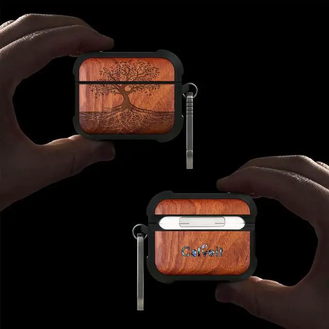Alt view image 2 of 7 - Solid Wood Case for AirPods Pro 3, The Yin Yang Tree, Rosy | AirPods Pro Case 3rd Generation, Titanium metal Quick-Release Keychain, Compatible with Wireless Charging, Wood-Engraved