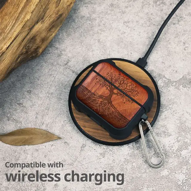 Alt view image 5 of 7 - Solid Wood Case for AirPods Pro 3, The Yin Yang Tree, Rosy | AirPods Pro Case 3rd Generation, Titanium metal Quick-Release Keychain, Compatible with Wireless Charging, Wood-Engraved