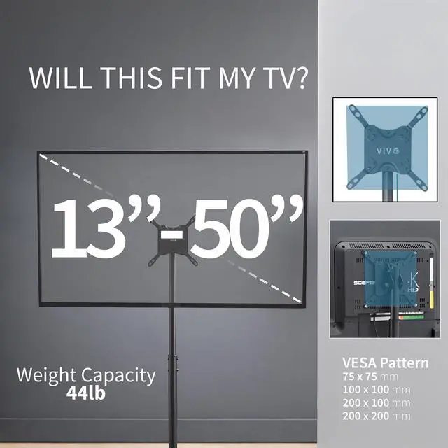 Alt view image 4 of 7 - Extra Tall TV Floor Stand for 13 to 65 inch Screens up to 44 lbs, LCD LED OLED 4K Smart Flat, Curved Monitor Panels, Max VESA 400x400, 70.5 inch Pole for Treadmills, Black, STAND-TV18