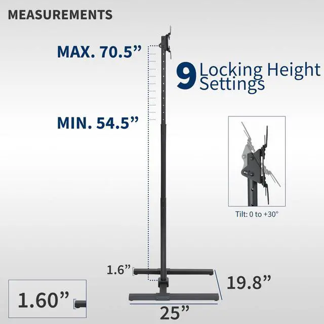 Alt view image 7 of 7 - TV Floor Stand for 13 to 50 inch Screens up to 44 lbs, LCD LED OLED 4K Smart Flat, Curved Monitor Panels, Max VESA 200x200, Extra Tall Pole for Treadmills and Ellipticals, Black, STAND-TV17