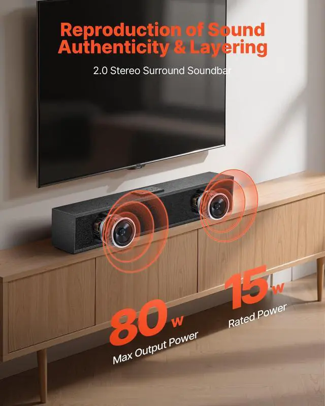 Alt view image 2 of 7 - Sound Bar for Smart TV, 2.0 Channel, 24-Inch Compact Soundbar TV Speakers for Projector, Bluetooth AUX Connection, Remote Control, Easy Setup, 80W Surround Sound System for PC Home Theater Audio
