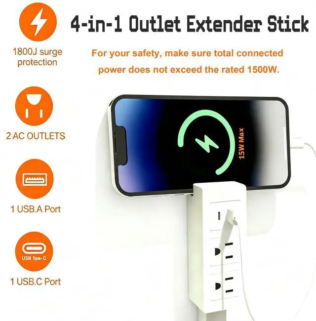 Alt view image 2 of 7 - Outlet Extender Stick, 2 AC & USB -C Ports,17-28 Adjustable Length,UL | flame-retardant PC-ABS build, fits behind sofa, nightstand, desk, renter-friendly no-drill mount