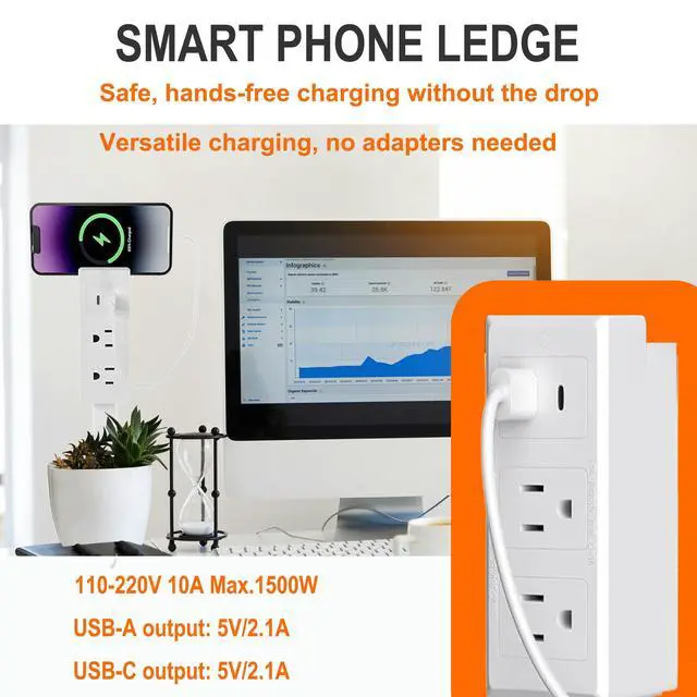 Alt view image 5 of 7 - Outlet Extender Stick, 2 AC & USB -C Ports,17-28 Adjustable Length,UL | flame-retardant PC-ABS build, fits behind sofa, nightstand, desk, renter-friendly no-drill mount