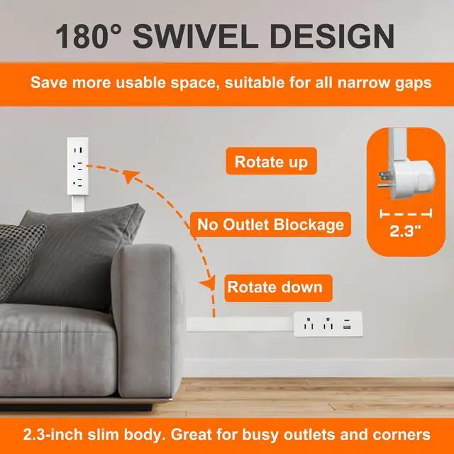 Alt view image 6 of 7 - Outlet Extender Stick, 2 AC & USB -C Ports,17-28 Adjustable Length,UL | flame-retardant PC-ABS build, fits behind sofa, nightstand, desk, renter-friendly no-drill mount
