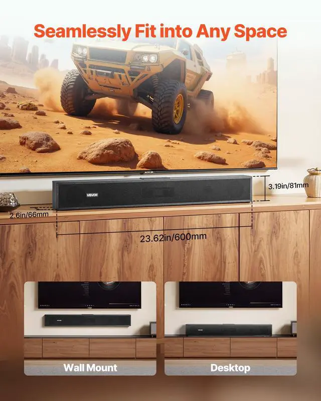 Alt view image 6 of 7 - Sound Bar for Smart TV, 2.0 Channel, 24-Inch Compact Soundbar TV Speakers for Projector, Bluetooth AUX Connection, Remote Control, Easy Setup, 80W Surround Sound System for PC Home Theater Audio