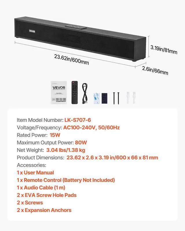 Alt view image 7 of 7 - Sound Bar for Smart TV, 2.0 Channel, 24-Inch Compact Soundbar TV Speakers for Projector, Bluetooth AUX Connection, Remote Control, Easy Setup, 80W Surround Sound System for PC Home Theater Audio