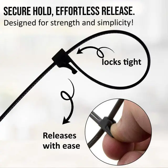 Alt view image 2 of 7 - ESC Group -100PCS Releasable Cable Ties Heavy-Duty, Adjustable & Reusable Zip Ties for Home, Office, or Outdoor Use 8 Inch Premium Nylon Cable Ties-Black