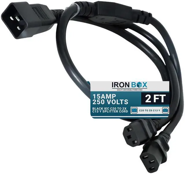 Main image of IronBox Electric Black IEC C20 to 2X C13 Y Splitter Cord - 1ft (1foot leg) - 15A/250V - 14/3 AWG - UL Listed Power Outlet Splitter - Heavy Duty Power Extension Cable for Monitor, Computer & More (2ft)
